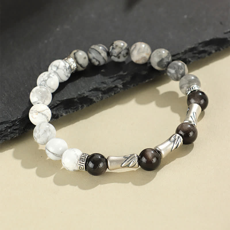 Buddha Stones Rundes Armband aus 999er Sterlingsilber, weißem Türkis und silberglänzendem Obsidian und Bambus mit Erdungseffekt - image 3