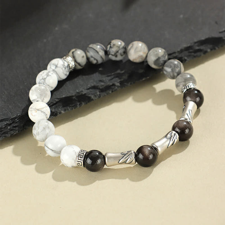 Buddha Stones Rundes Armband aus 999er Sterlingsilber, weißem Türkis und silberglänzendem Obsidian und Bambus mit Erdungseffekt - image 3