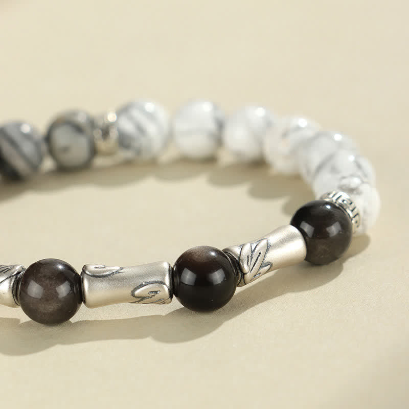 Buddha Stones Rundes Armband aus 999er Sterlingsilber, weißem Türkis und silberglänzendem Obsidian und Bambus mit Erdungseffekt - image 9