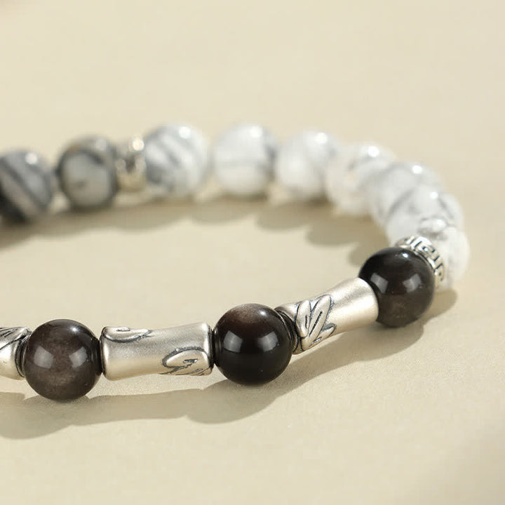 Buddha Stones Rundes Armband aus 999er Sterlingsilber, weißem Türkis und silberglänzendem Obsidian und Bambus mit Erdungseffekt - image 9