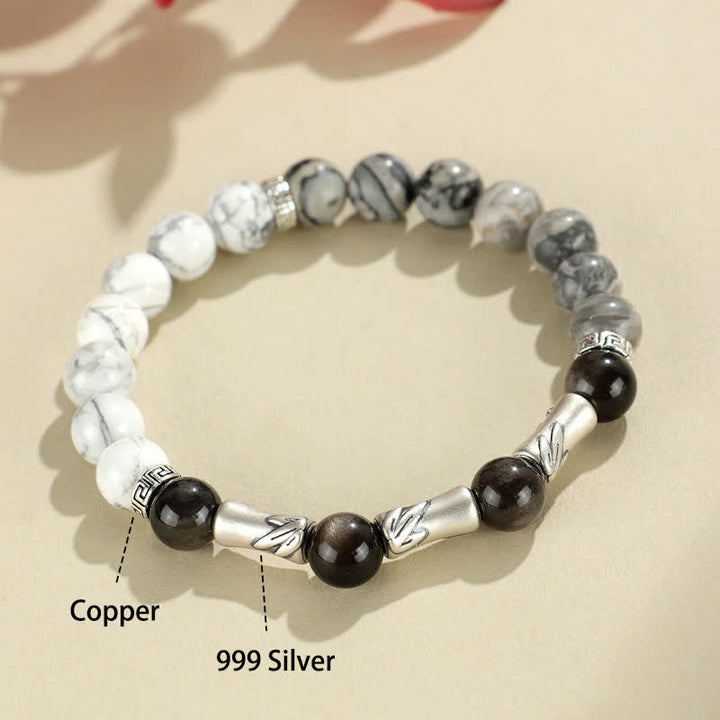 Buddha Stones Rundes Armband aus 999er Sterlingsilber, weißem Türkis und silberglänzendem Obsidian und Bambus mit Erdungseffekt - image 4