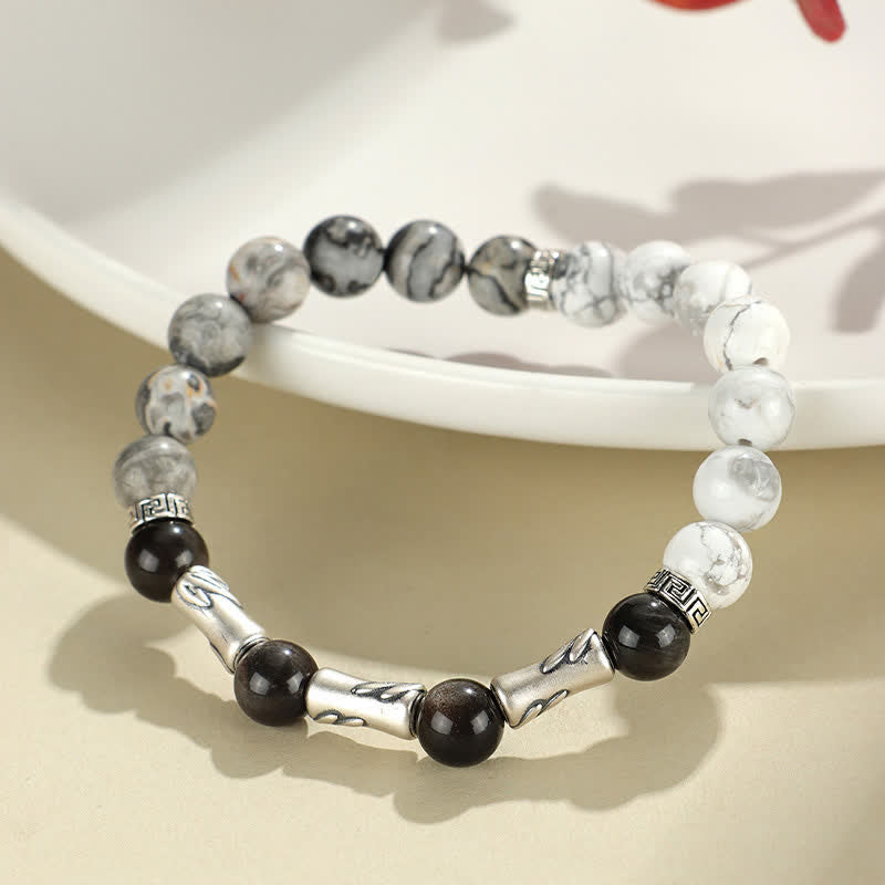Buddha Stones Rundes Armband aus 999er Sterlingsilber, weißem Türkis und silberglänzendem Obsidian und Bambus mit Erdungseffekt - image 1