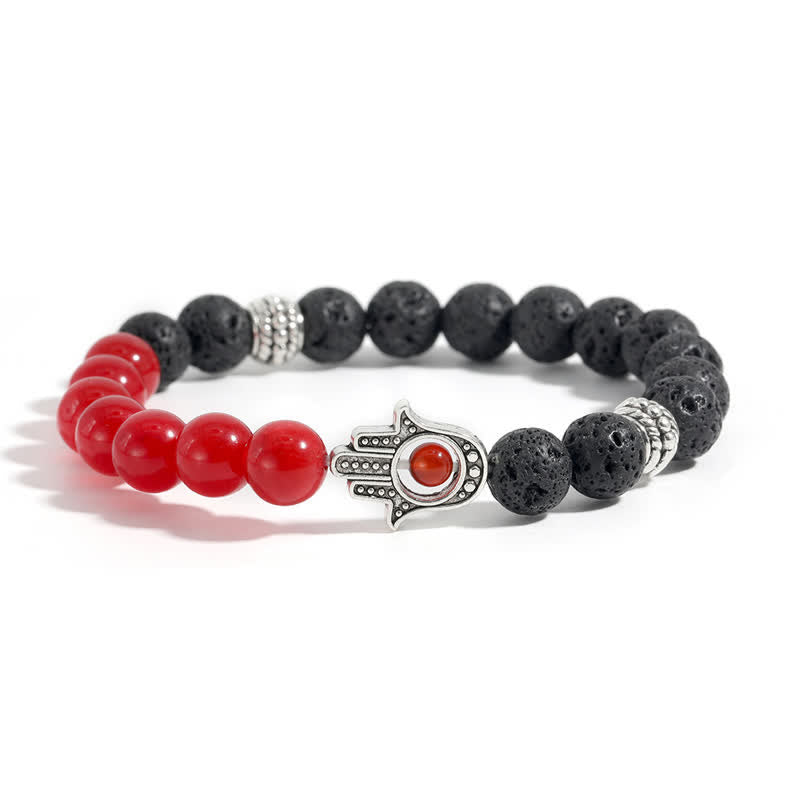 Buddha Stones Handgefertigtes rundes Armband aus Lavastein mit Hamsa-Handflächenmotiv zum Schutz der Handfläche - Roter Achat & Lavagestein - image 8