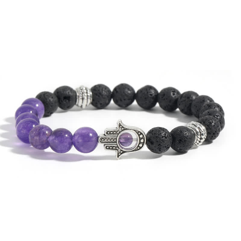 Buddha Stones Handgefertigtes rundes Armband aus Lavastein mit Hamsa-Handflächenmotiv zum Schutz der Handfläche - Lila Chalcedon & Lavagestein - image 9