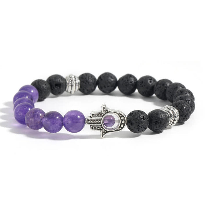 Buddha Stones Handgefertigtes rundes Armband aus Lavastein mit Hamsa-Handflächenmotiv zum Schutz der Handfläche - Lila Chalcedon & Lavagestein - image 9