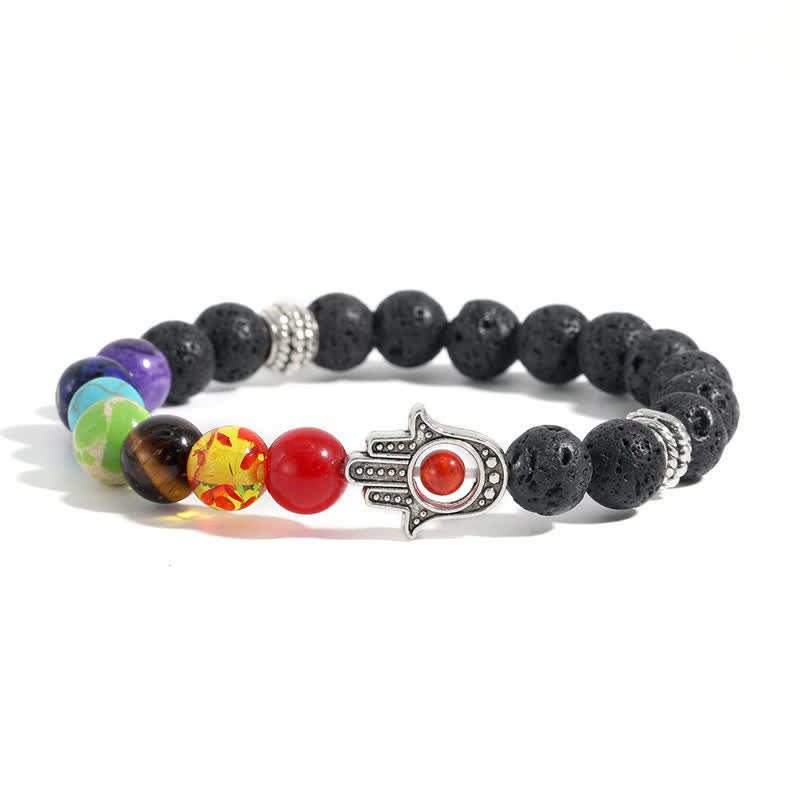 Buddha Stones Handgefertigtes rundes Armband aus Lavastein mit Hamsa-Handflächenmotiv zum Schutz der Handfläche - Mehrfarbiger Stein & Lavagestein - image 7