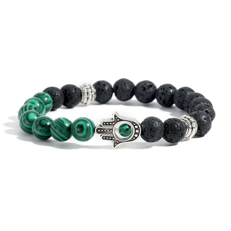 Buddha Stones Handgefertigtes rundes Armband aus Lavastein mit Hamsa-Handflächenmotiv zum Schutz der Handfläche - Pfauenachat & Lavagestein - image 2
