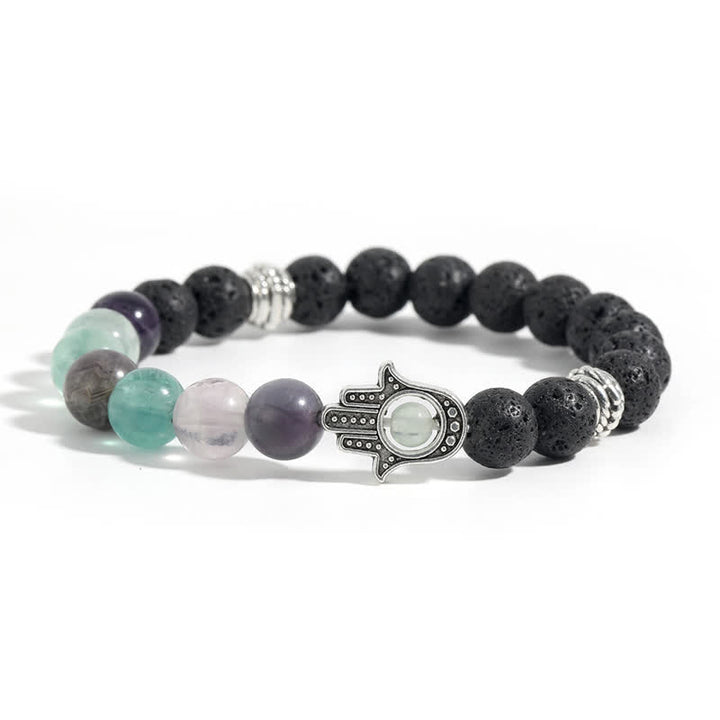 Buddha Stones Handgefertigtes rundes Armband aus Lavastein mit Hamsa-Handflächenmotiv zum Schutz der Handfläche - Natürlicher Fluorit & Lavagestein - image 3
