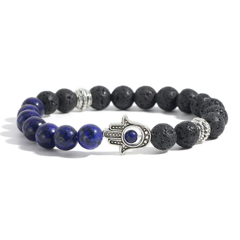 Buddha Stones Handgefertigtes rundes Armband aus Lavastein mit Hamsa-Handflächenmotiv zum Schutz der Handfläche - Imitation von Lapislazuli und Lavagestein - image 13