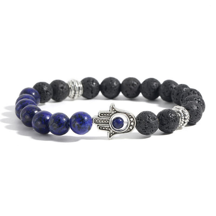 Buddha Stones Handgefertigtes rundes Armband aus Lavastein mit Hamsa-Handflächenmotiv zum Schutz der Handfläche - Imitation von Lapislazuli und Lavagestein - image 13