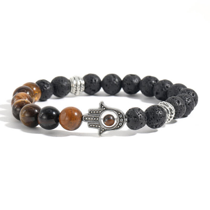 Buddha Stones Handgefertigtes rundes Armband aus Lavastein mit Hamsa-Handflächenmotiv zum Schutz der Handfläche - Tigerauge und Lavagestein - image 11