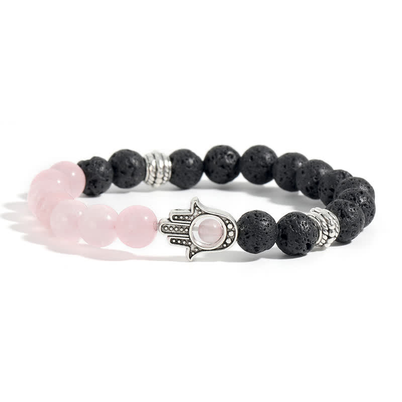 Buddha Stones Handgefertigtes rundes Armband aus Lavastein mit Hamsa-Handflächenmotiv zum Schutz der Handfläche - Rosenquarz & Lavagestein - image 4