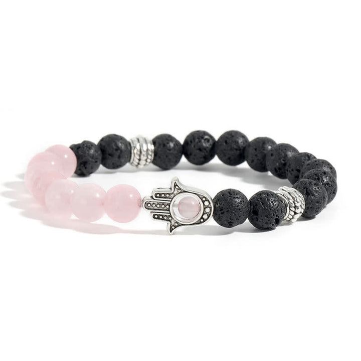 Buddha Stones Handgefertigtes rundes Armband aus Lavastein mit Hamsa-Handflächenmotiv zum Schutz der Handfläche - Rosenquarz & Lavagestein - image 4