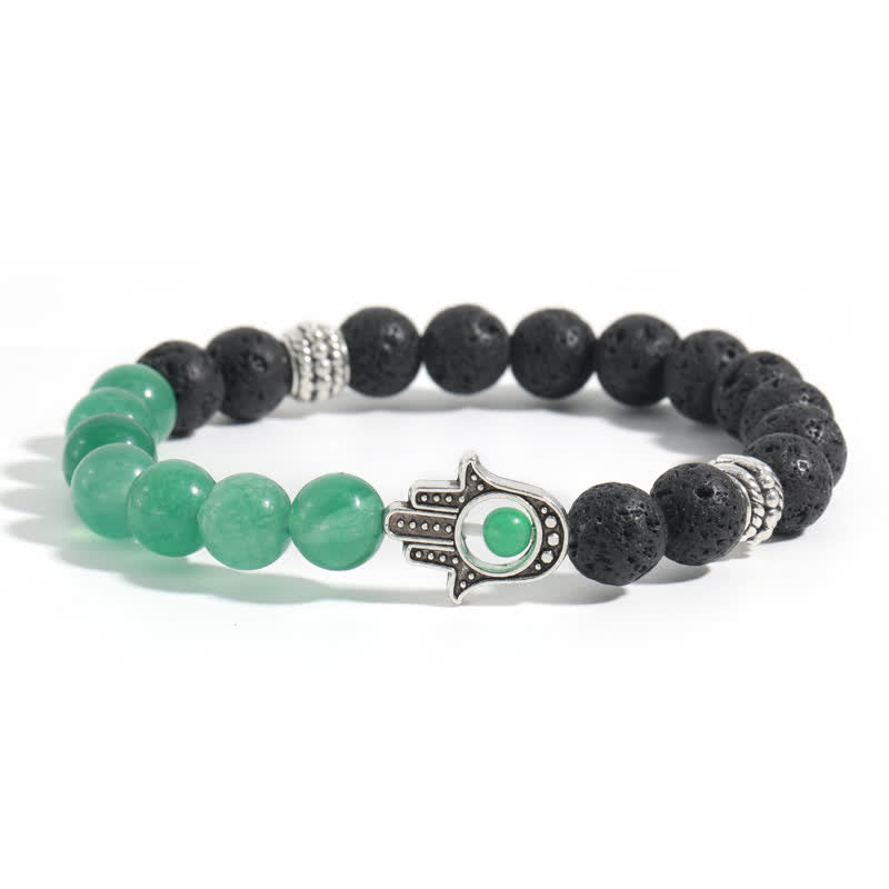 Buddha Stones Handgefertigtes rundes Armband aus Lavastein mit Hamsa-Handflächenmotiv zum Schutz der Handfläche - Grüner Aventurin & Lavagestein - image 12
