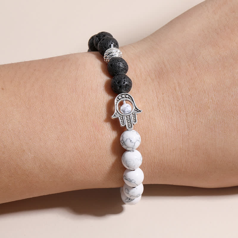 Buddha Stones Handgefertigtes rundes Armband aus Lavastein mit Hamsa-Handflächenmotiv zum Schutz der Handfläche - image 17