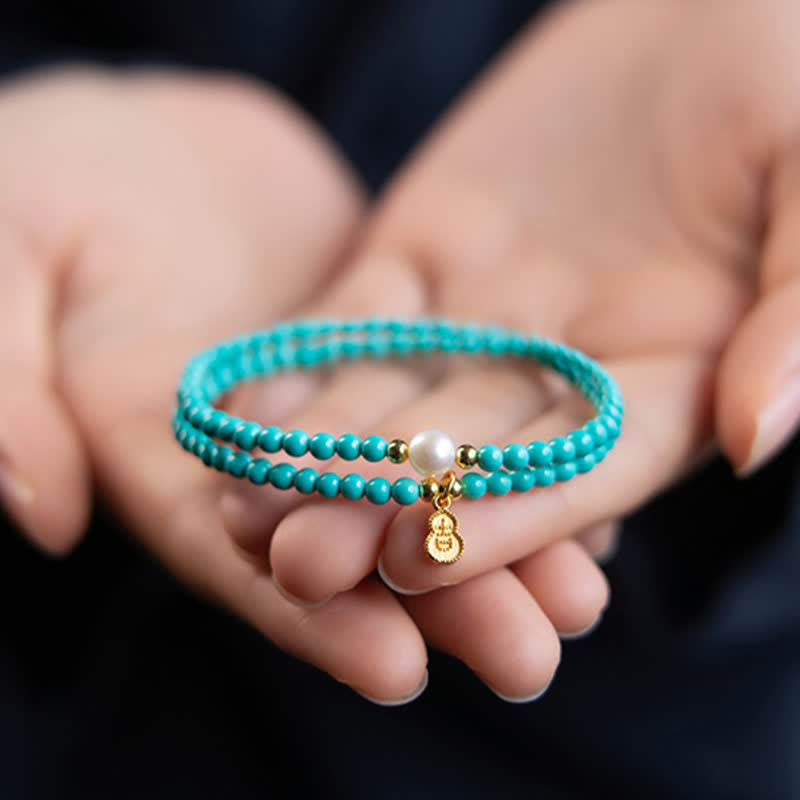 Buddha Stones Handgefertigtes Armband mit türkisfarbenem Perlen-Kürbis-Anhänger und doppelter Wicklung - Türkis (Reinigung ♥ Gelassenheit) - image 0