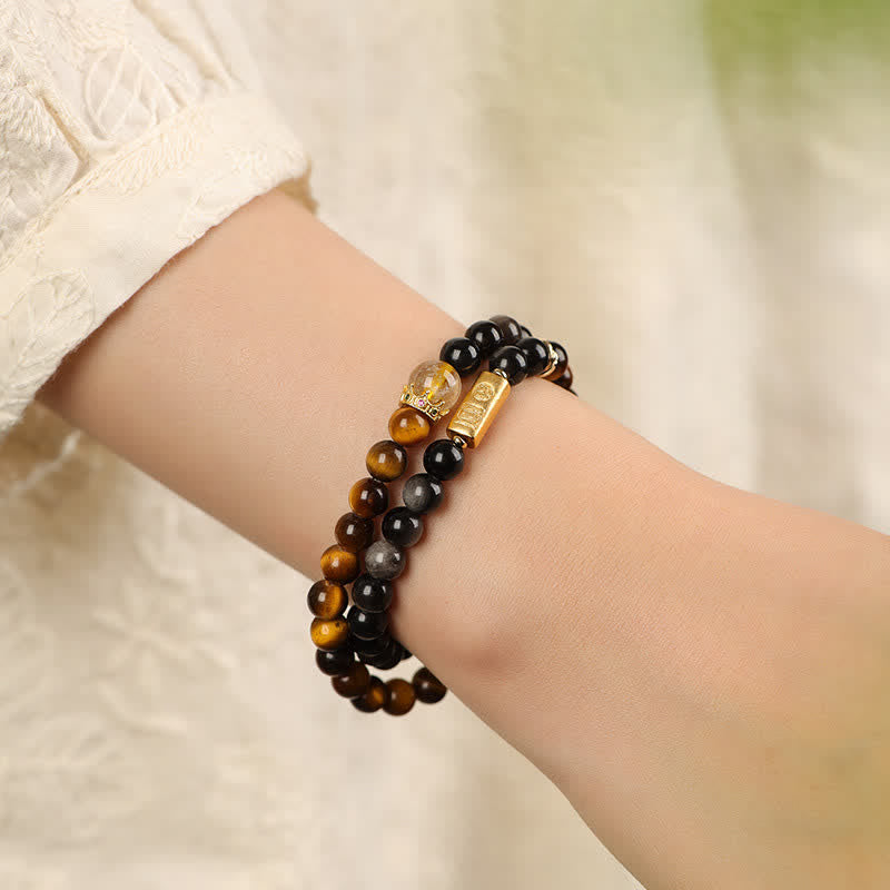 Buddha Stones Tigerauge Silberglanz Obsidian Wohlstand Handgewebtes Doppelwickelarmband - image 8