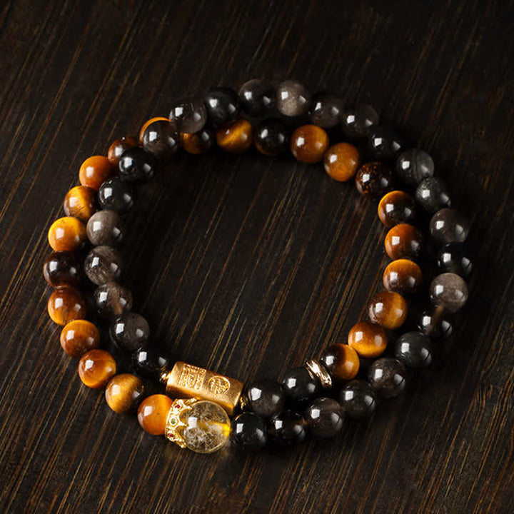 Buddha Stones Tigerauge Silberglanz Obsidian Wohlstand Handgewebtes Doppelwickelarmband - image 3