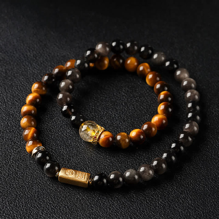 Buddha Stones Tigerauge Silberglanz Obsidian Wohlstand Handgewebtes Doppelwickelarmband - image 1
