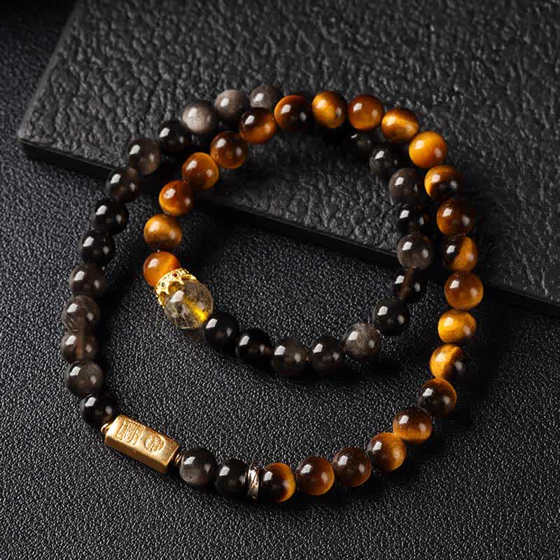 Buddha Stones Tigerauge Silberglanz Obsidian Wohlstand Handgewebtes Doppelwickelarmband - image 2