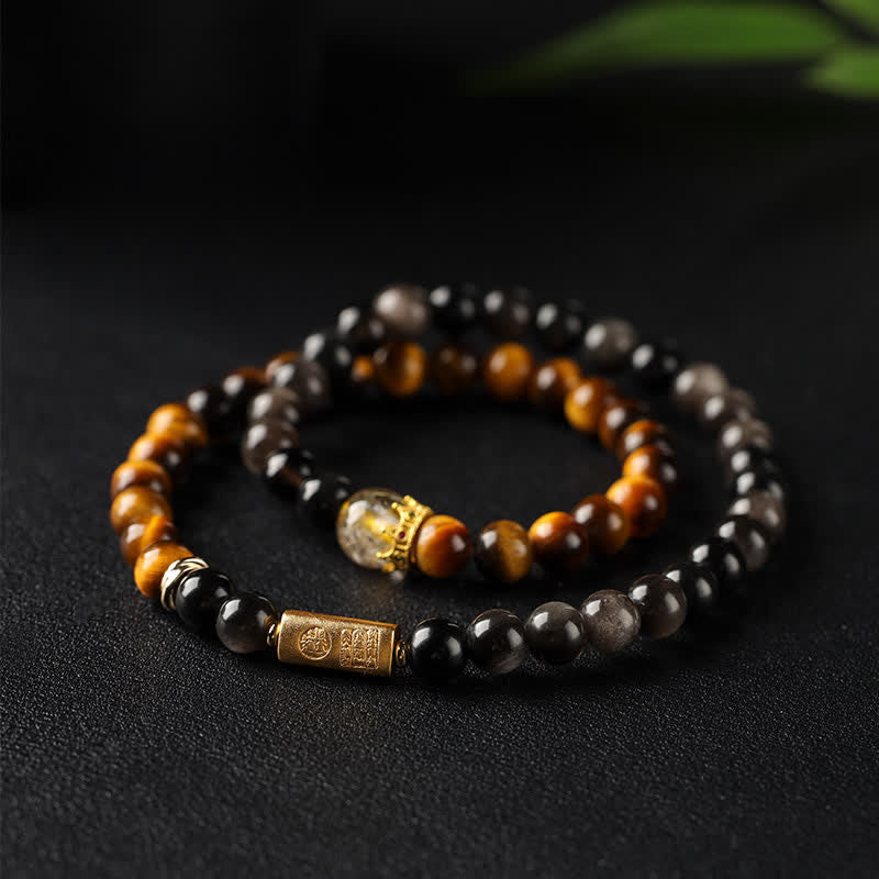 Buddha Stones Tigerauge Silberglanz Obsidian Wohlstand Handgewebtes Doppelwickelarmband - Tigerauge (Schutz♥Stärke) - image 0