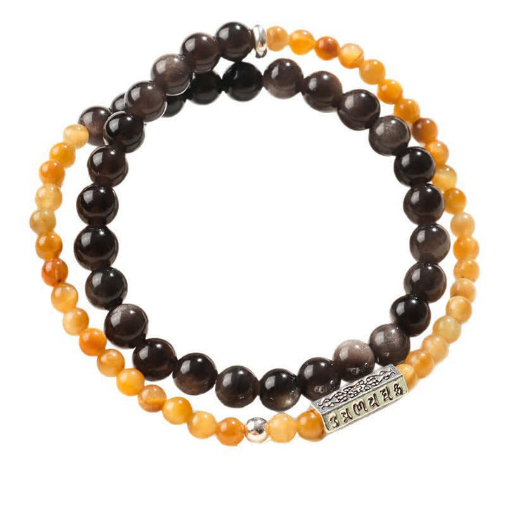 Buddha Stones Silberglänzendes Obsidian Om Mani Padme Hum Erdungs-Doppelwickelarmband - image 11