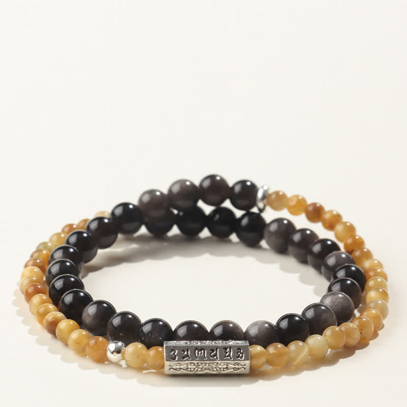 Buddha Stones Silberglänzendes Obsidian Om Mani Padme Hum Erdungs-Doppelwickelarmband - Stil-1 - Silberschimmernder Obsidian (Schutz♥Beruhigung) - image 1