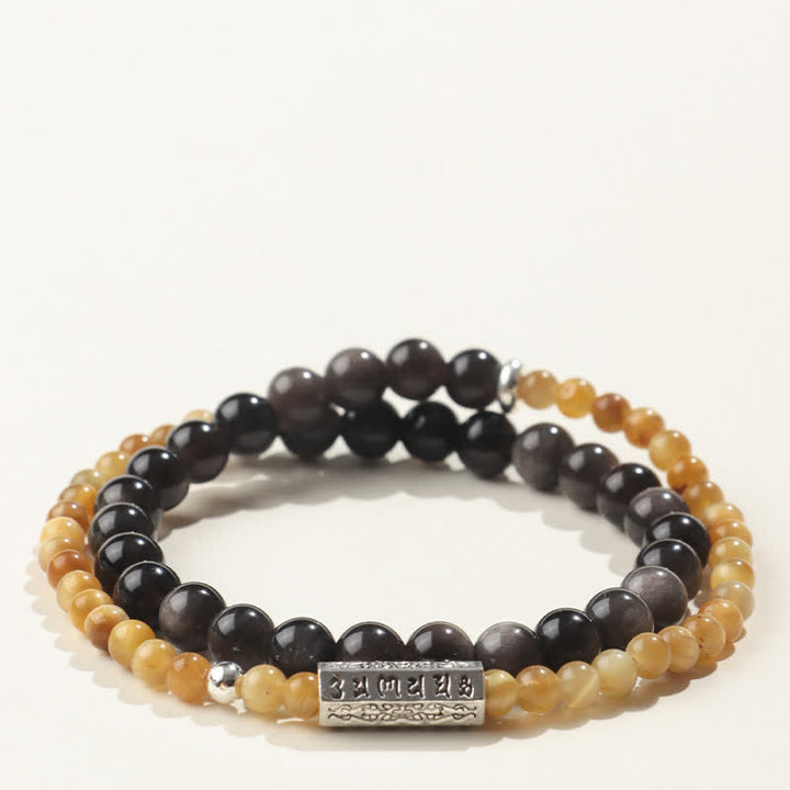 Buddha Stones Silberglänzendes Obsidian Om Mani Padme Hum Erdungs-Doppelwickelarmband - Stil-1 - Silberschimmernder Obsidian (Schutz♥Beruhigung) - image 1