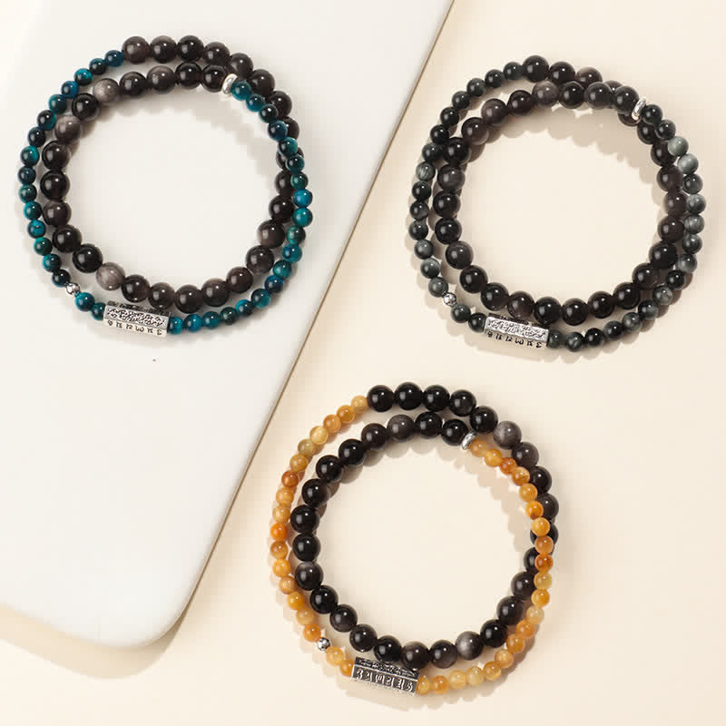 Buddha Stones Silberglänzendes Obsidian Om Mani Padme Hum Erdungs-Doppelwickelarmband - image 9