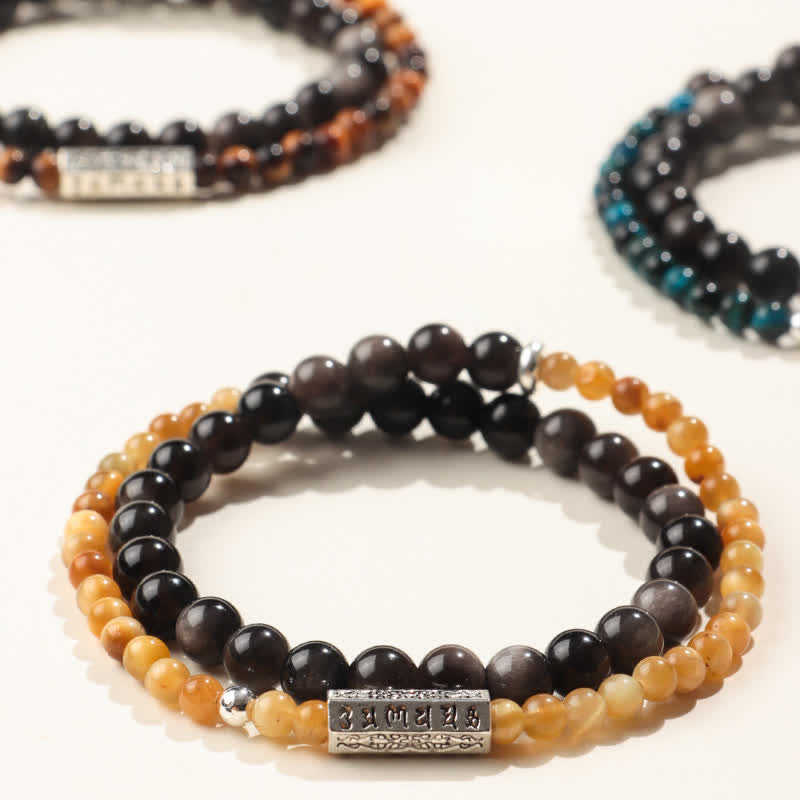 Buddha Stones Silberglänzendes Obsidian Om Mani Padme Hum Erdungs-Doppelwickelarmband - image 8