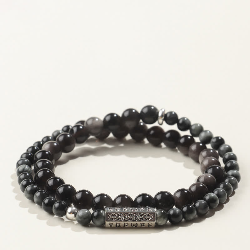 Buddha Stones Silberglänzendes Obsidian Om Mani Padme Hum Erdungs-Doppelwickelarmband - Stil-3 - Silberschimmernder Obsidian (Schutz♥Beruhigung) - image 3