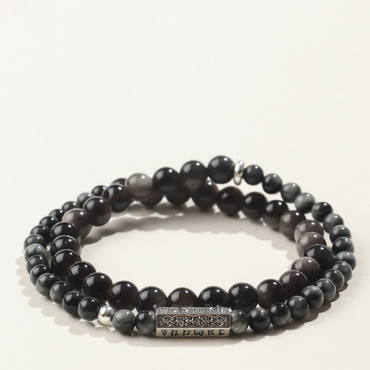 Buddha Stones Silberglänzendes Obsidian Om Mani Padme Hum Erdungs-Doppelwickelarmband - Stil-3 - Silberschimmernder Obsidian (Schutz♥Beruhigung) - image 3