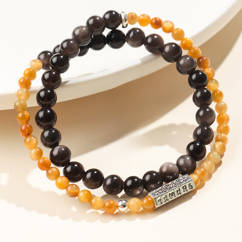 Buddha Stones Silberglänzendes Obsidian Om Mani Padme Hum Erdungs-Doppelwickelarmband - image 0