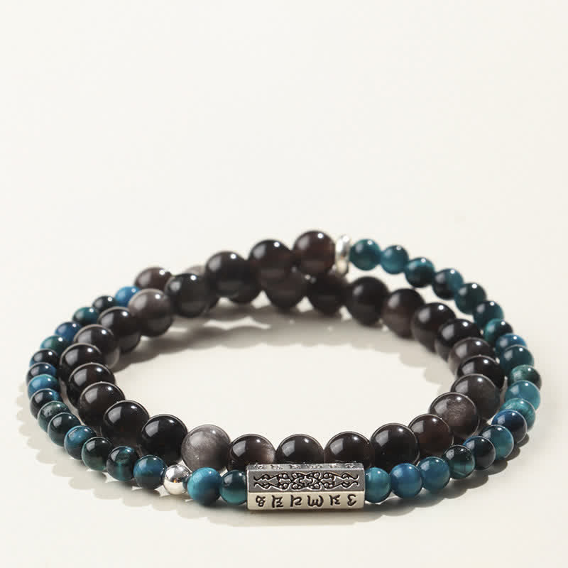 Buddha Stones Silberglänzendes Obsidian Om Mani Padme Hum Erdungs-Doppelwickelarmband - Stil-4 - Silberschimmernder Obsidian (Schutz♥Beruhigung) - image 4