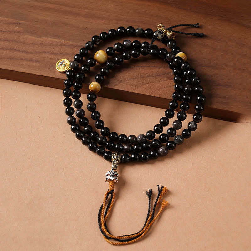 Buddha Stones Silberglänzende Obsidian-Garuda-Schutzperlenkette, handgewebt - image 0