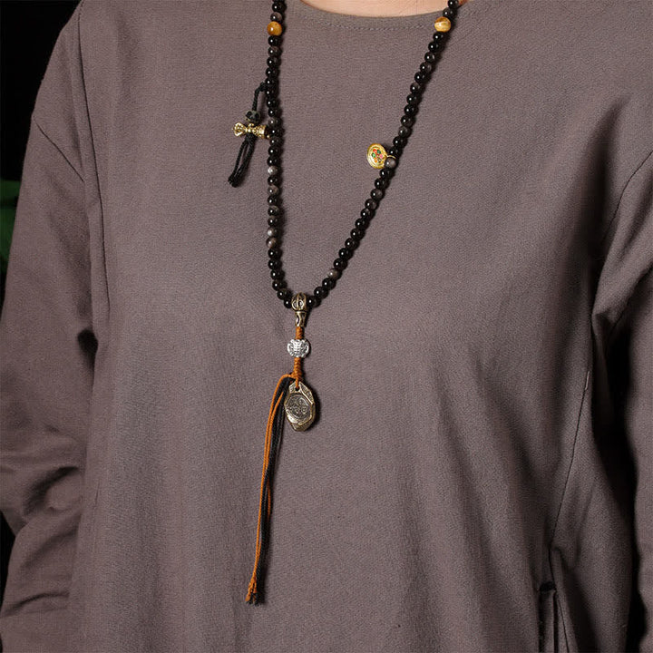 Buddha Stones Silberglänzende Obsidian-Garuda-Schutzperlenkette, handgewebt - image 11