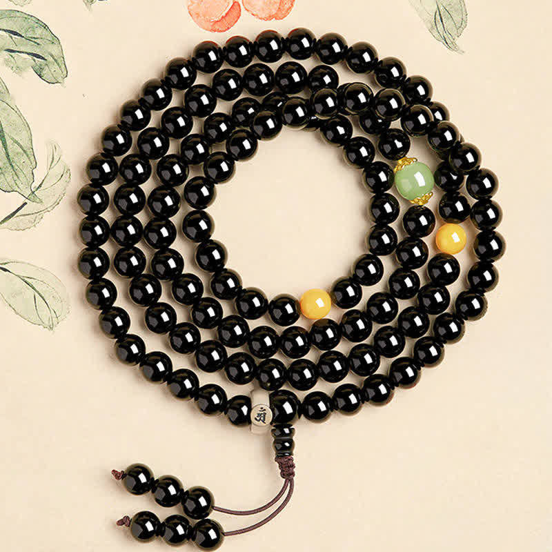 Buddha Stones Schwarze Obsidian-Mala mit Quaste, handpoliert, 108 Perlen, chinesisches Tierkreiszeichen-Schutzsymbol - Drache/Schlange-Samantabhadra Bodhisattva - 8 mm - image 3