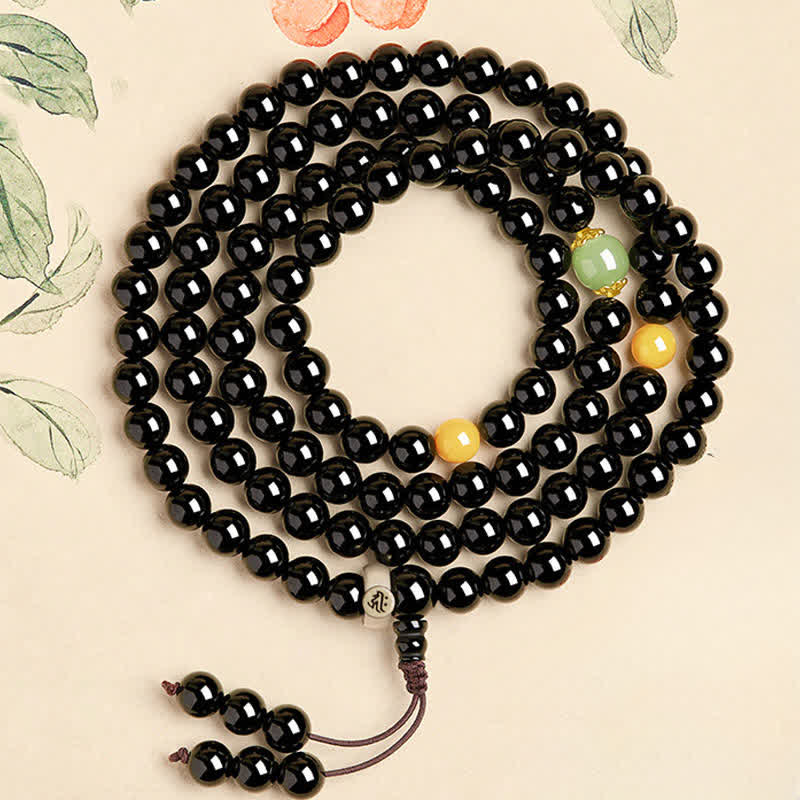 Buddha Stones Schwarze Obsidian-Mala mit Quaste, handpoliert, 108 Perlen, chinesisches Tierkreiszeichen-Schutzsymbol - Ratten-Tausendarmiger Avalokitesvara - 8 mm - image 0