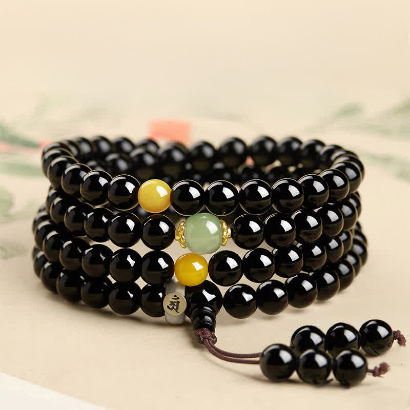 Buddha Stones Schwarze Obsidian-Mala mit Quaste, handpoliert, 108 Perlen, chinesisches Tierkreiszeichen-Schutzsymbol - image 10