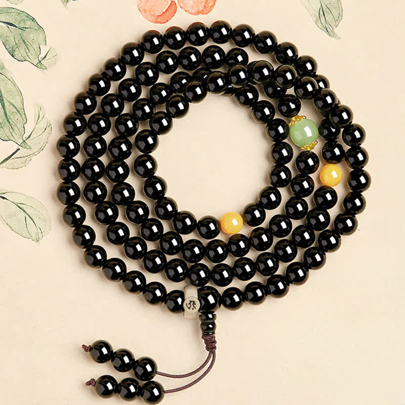 Buddha Stones Schwarze Obsidian-Mala mit Quaste, handpoliert, 108 Perlen, chinesisches Tierkreiszeichen-Schutzsymbol - Ochse/Tiger-Leere Bodhisattva - 8 mm - image 1