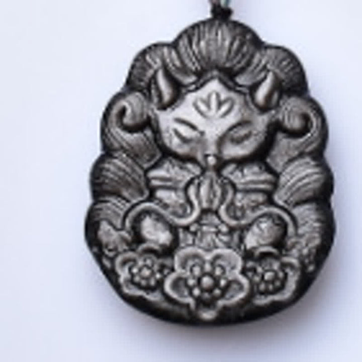 Buddha Stones Schwarze Obsidian-Halskette mit neunschwänzigem Fuchs-Schutzmotiv, handgeschnitzt - image 2