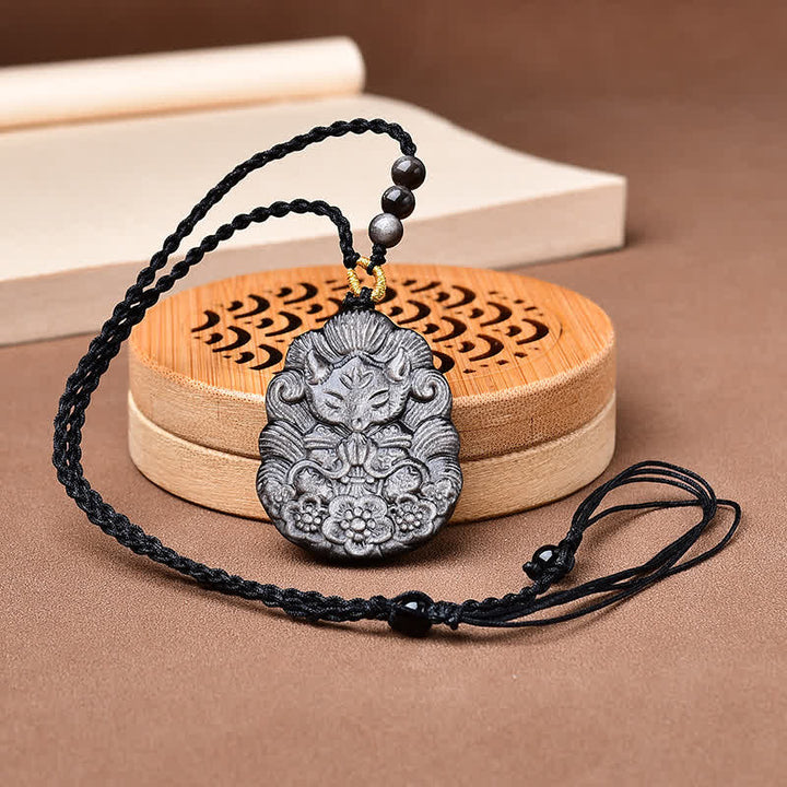 Buddha Stones Schwarze Obsidian-Halskette mit neunschwänzigem Fuchs-Schutzmotiv, handgeschnitzt - image 1