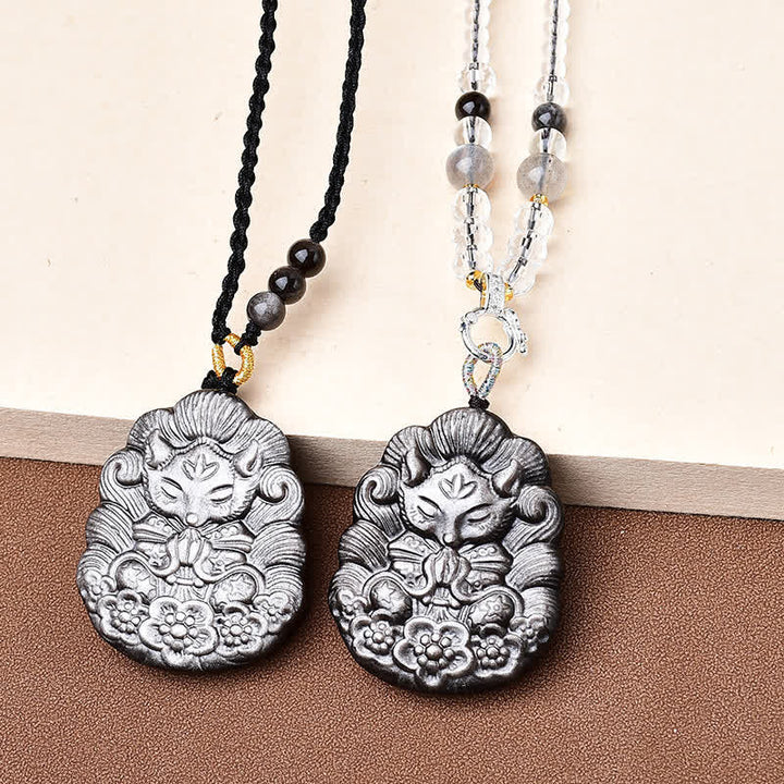 Buddha Stones Schwarze Obsidian-Halskette mit neunschwänzigem Fuchs-Schutzmotiv, handgeschnitzt - image 3