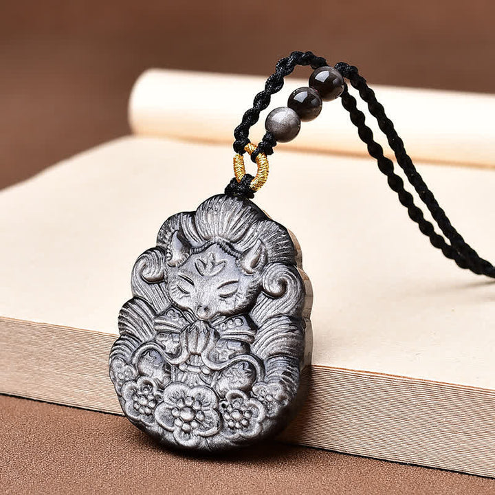 Buddha Stones Schwarze Obsidian-Halskette mit neunschwänzigem Fuchs-Schutzmotiv, handgeschnitzt - Schwarzer Obsidian (Reinigung♥Stärke) - image 0