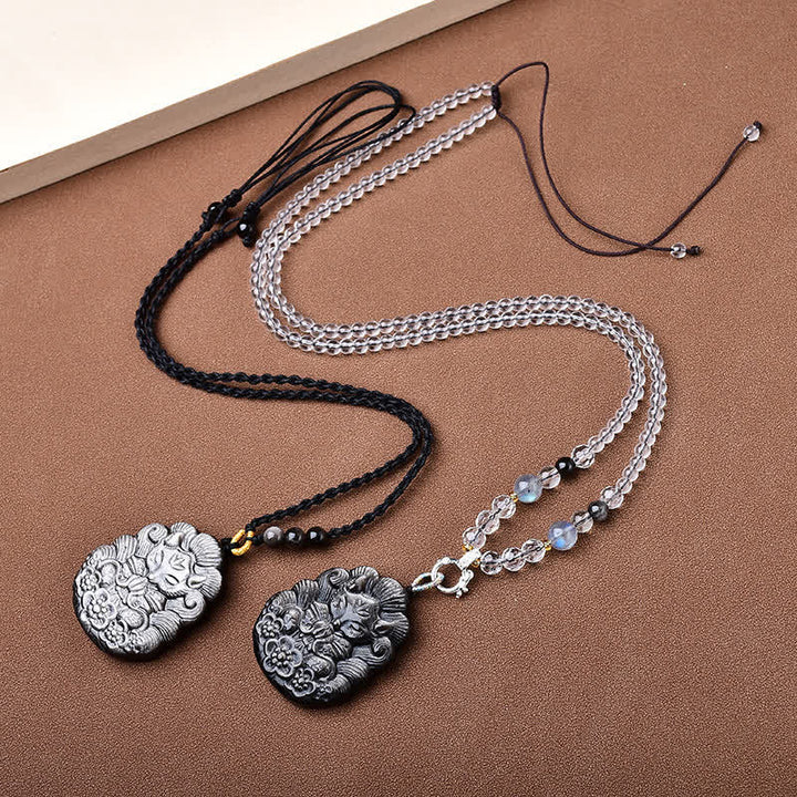 Buddha Stones Schwarze Obsidian-Halskette mit neunschwänzigem Fuchs-Schutzmotiv, handgeschnitzt - image 4