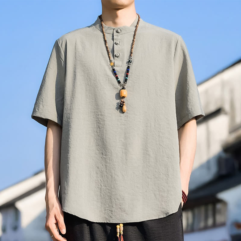 Buddha Stones Lässiges Sommerhemd mit Stehkragen, drei Knöpfen und kurzen Ärmeln für Herren, einfarbig, einfarbig, Kurzarm - OldLace - US/UK/AU48, EU58 (5XL) - image 0
