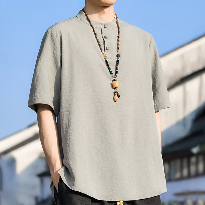 Buddha Stones Lässiges Sommerhemd mit Stehkragen, drei Knöpfen und kurzen Ärmeln für Herren, einfarbig, einfarbig, Kurzarm - image 1