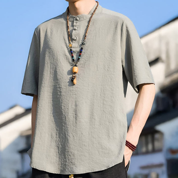 Buddha Stones Lässiges Sommerhemd mit Stehkragen, drei Knöpfen und kurzen Ärmeln für Herren, einfarbig, einfarbig, Kurzarm - image 5