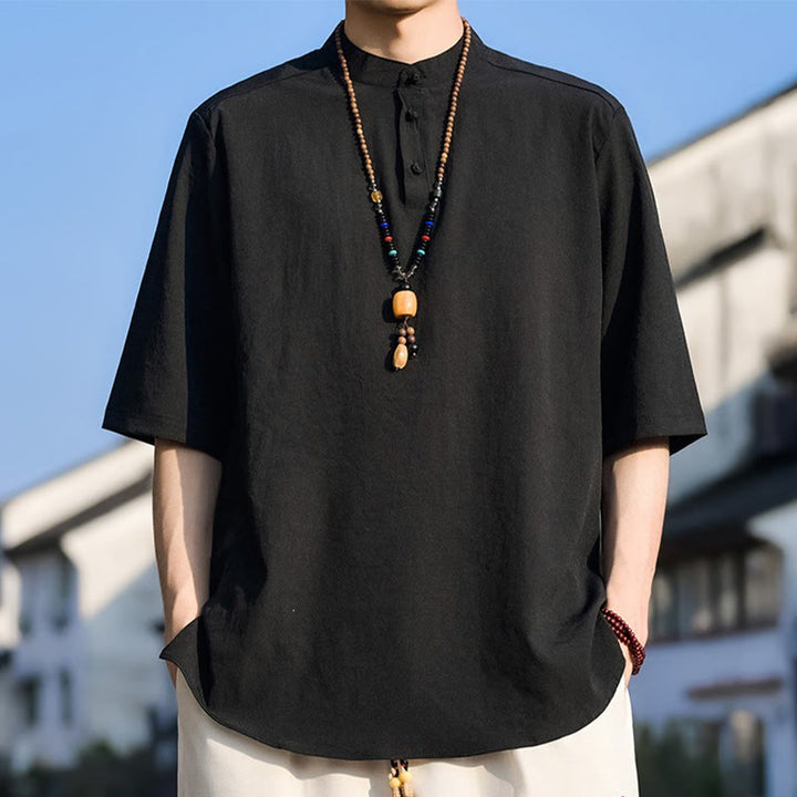 Buddha Stones Lässiges Sommerhemd mit Stehkragen, drei Knöpfen und kurzen Ärmeln für Herren, einfarbig, einfarbig, Kurzarm - Schwarz - US/UK/AU48, EU58 (5XL) - image 6