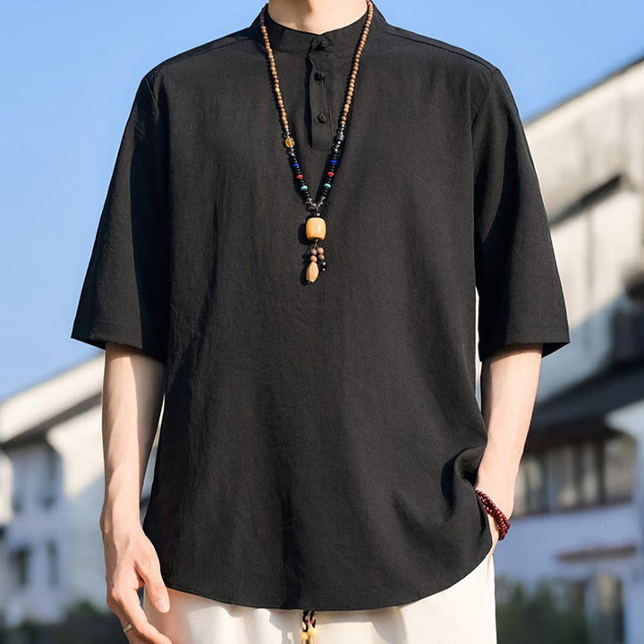 Buddha Stones Lässiges Sommerhemd mit Stehkragen, drei Knöpfen und kurzen Ärmeln für Herren, einfarbig, einfarbig, Kurzarm - image 13